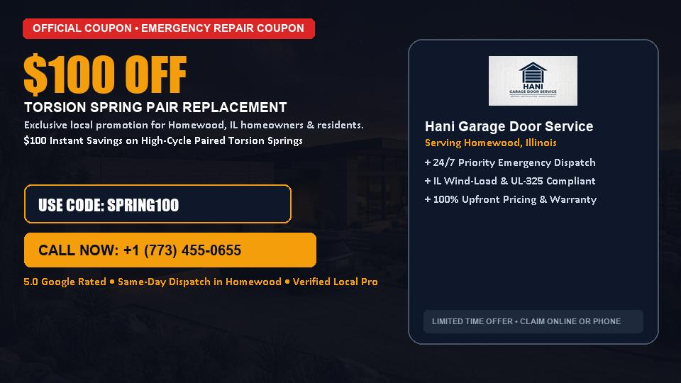 $100 OFF Dual High-Cycle Torsion Spring Replacement in Homewood, IL - Hani Garage Door Service
